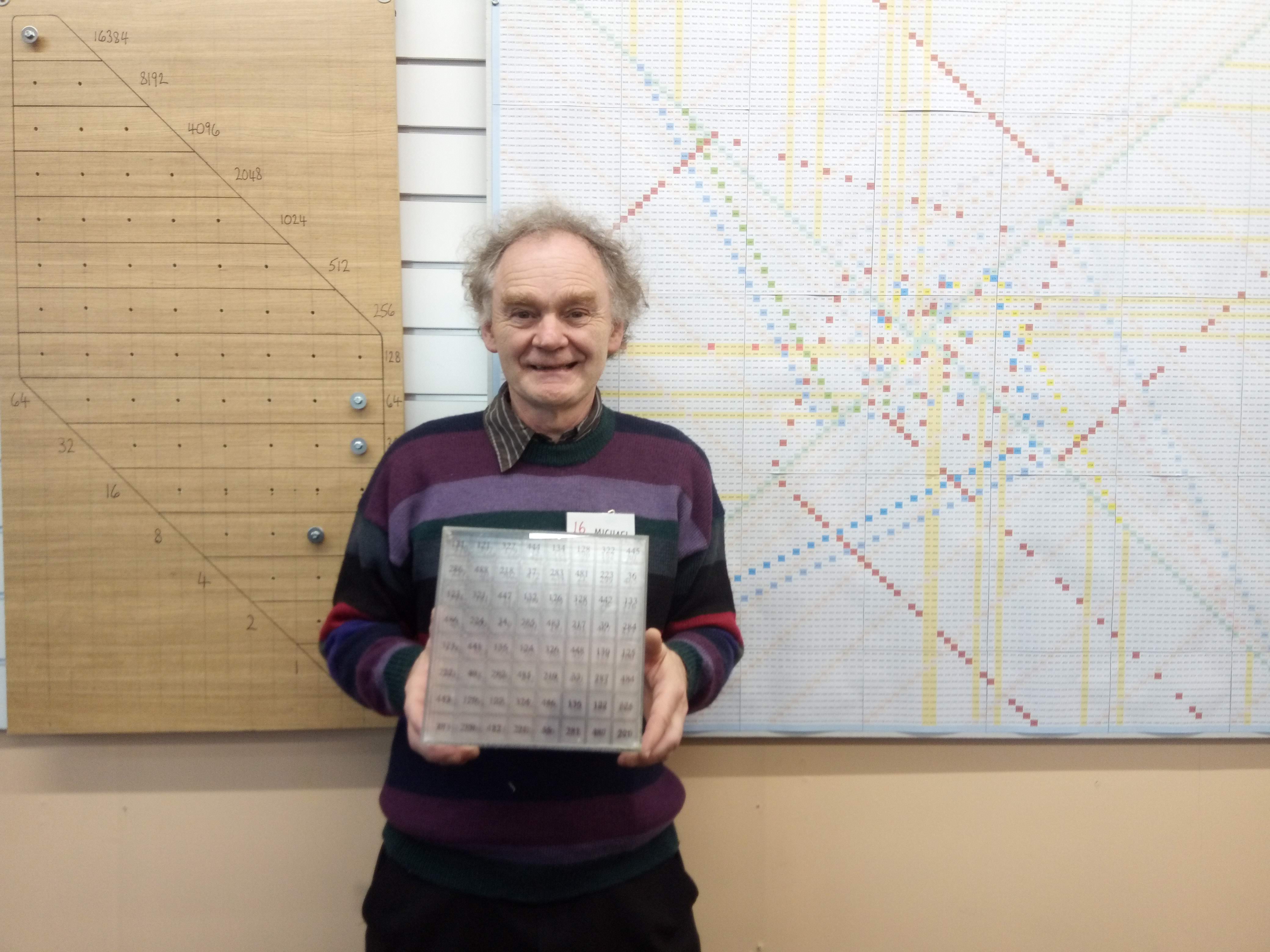 Michael Linton holding his 8x8x8 magic cube in front of the Factor One (left) and the Ulam Spiral (right).