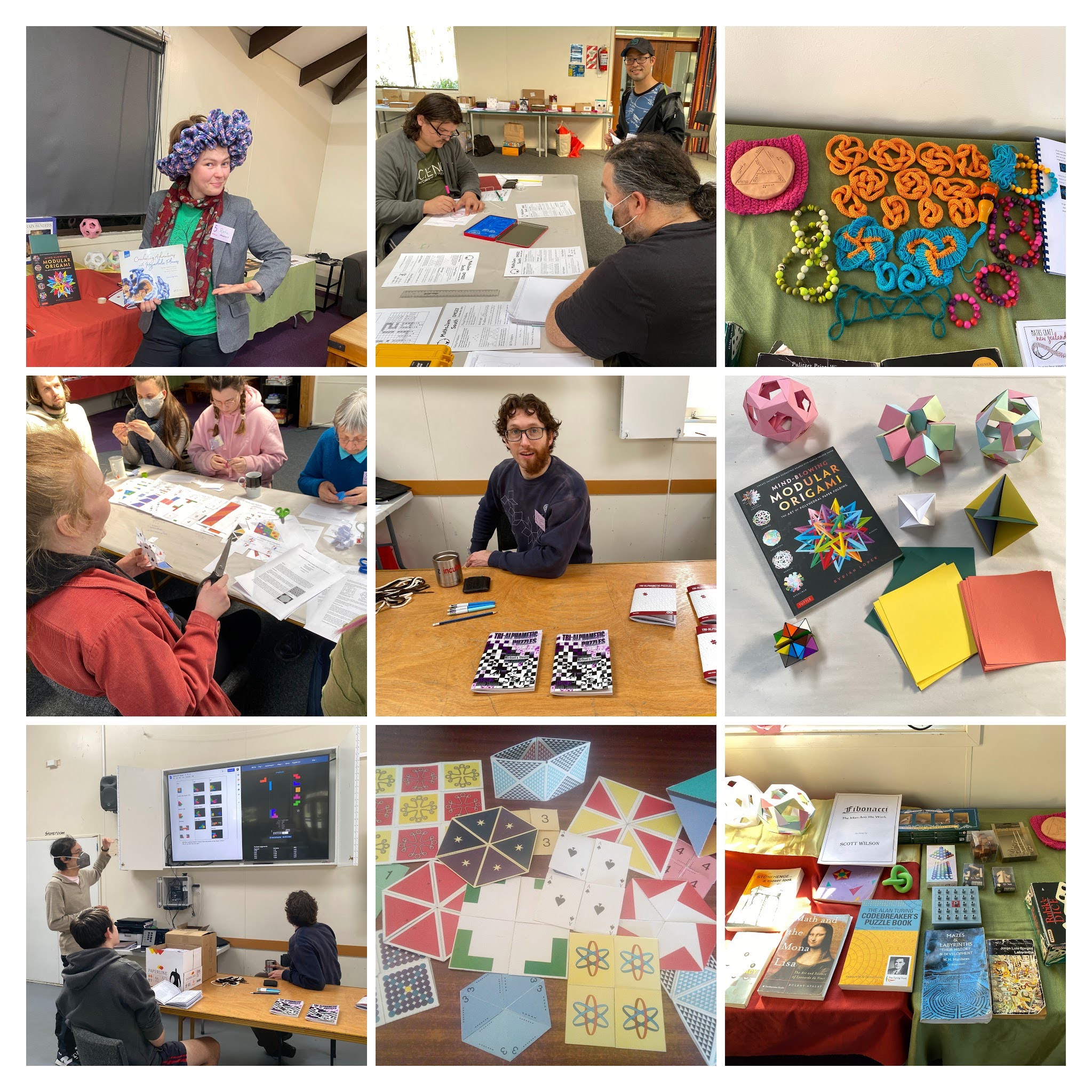 A collage of some of the Sunday Tables activities. (L-R: Rata wearing a crochet hyperbolic plane; playing with spirogrpahs; knitted knots; scissors out at the hexaflexagon station; Ross selling books; modular origami; Chris showing a perfect clear Tetris; hexaflexagons; a selection of books on display.)