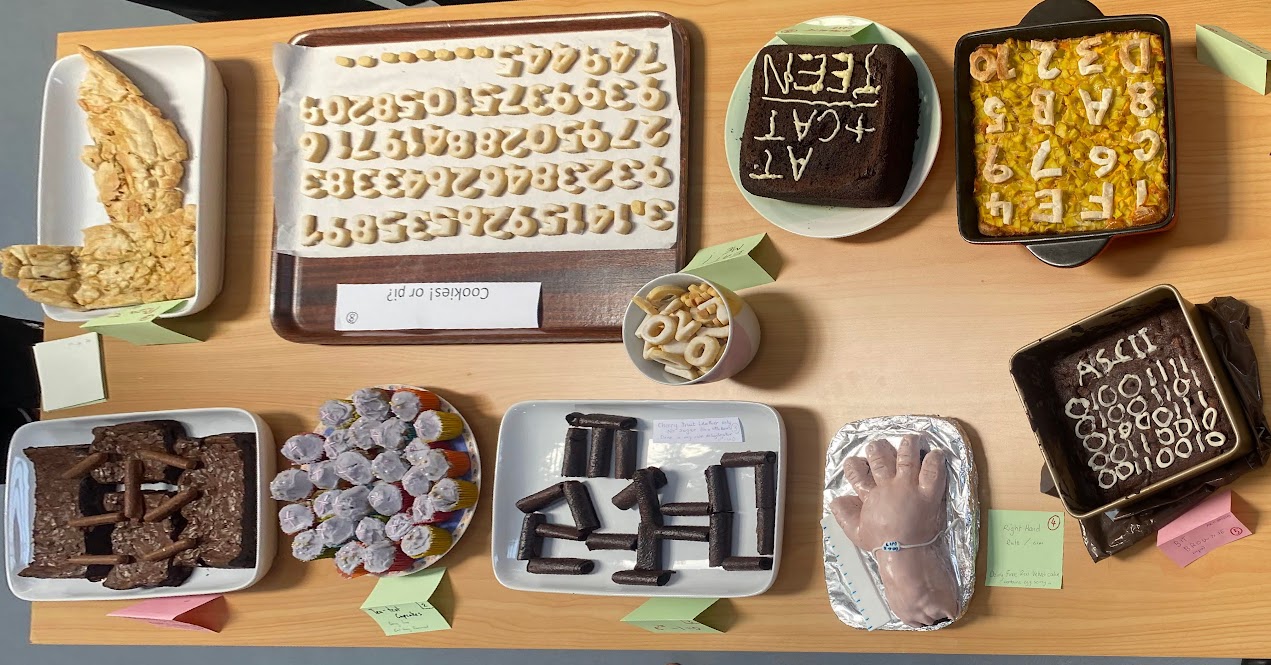 A table covered in mathematical bake off entries, ready for judging